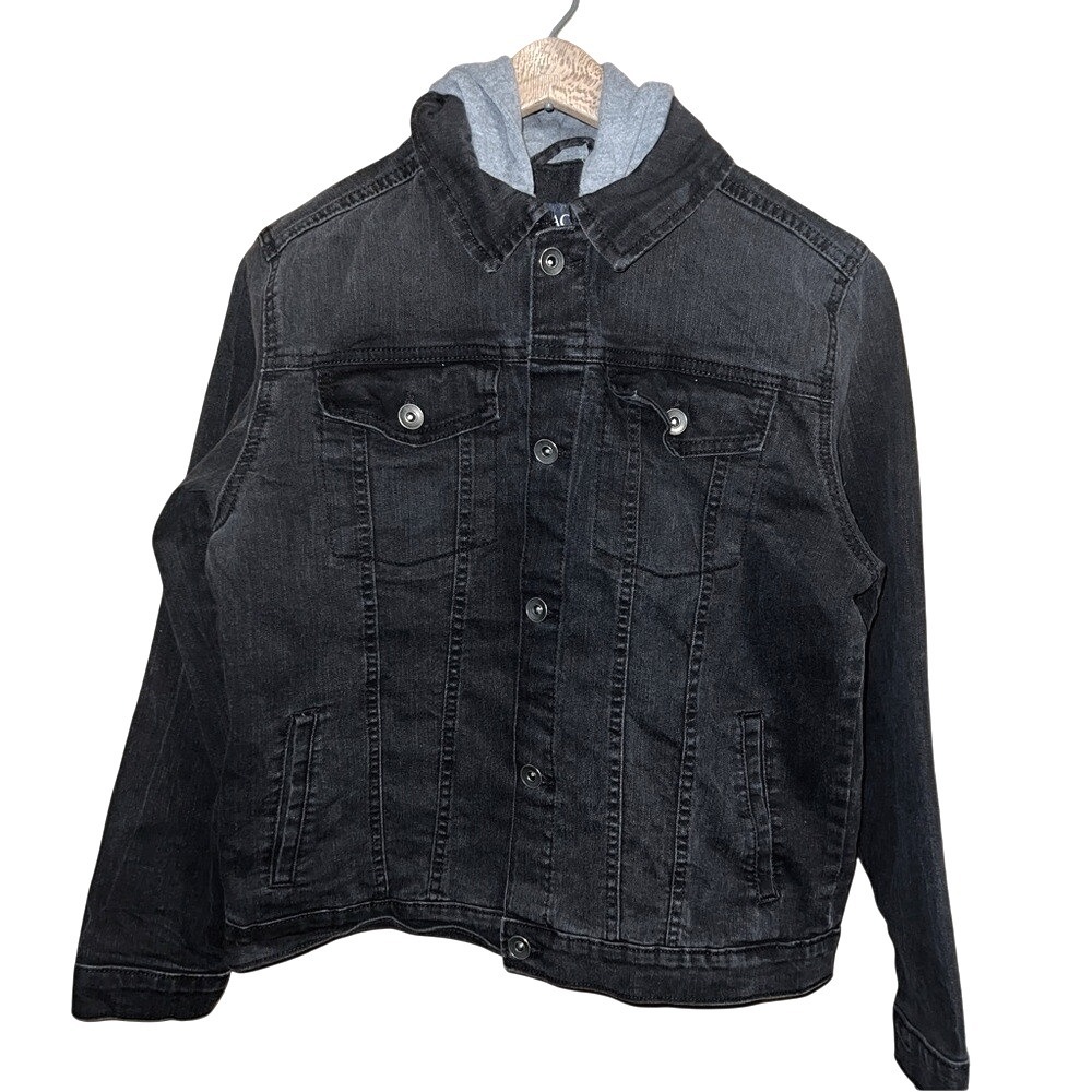 The Childrens Place Kids Boys Girls Black Denim Jean Jacket With Hoodie‎ Size 14
